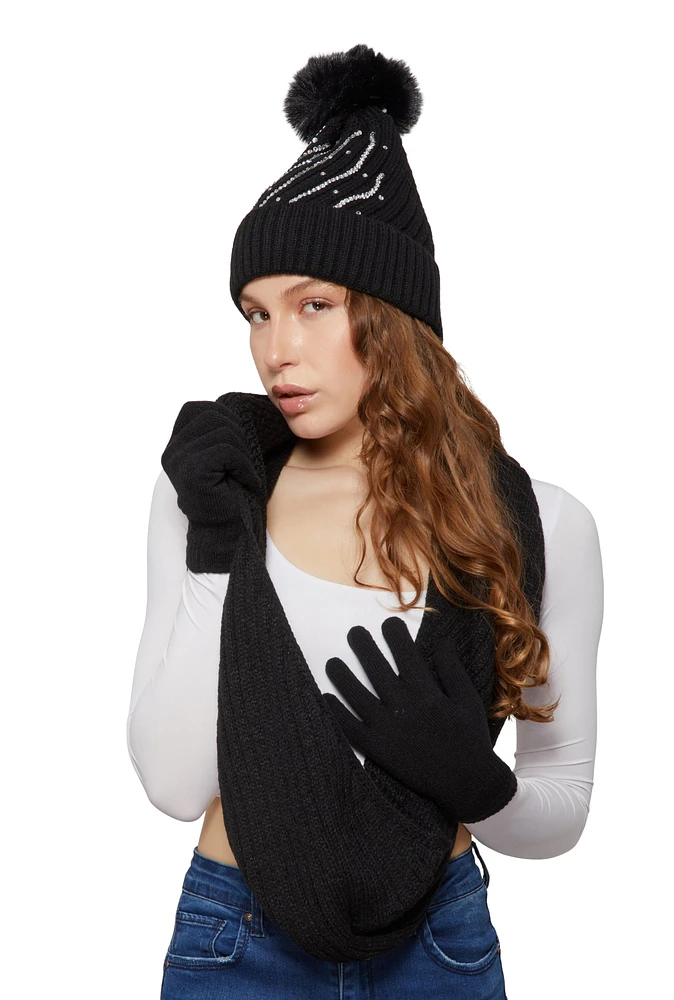 Womens Rhinestone Detail Beanie with Infinity Scarf and Gloves, Black