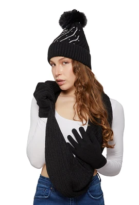 Womens Rhinestone Detail Beanie with Infinity Scarf and Gloves, Black