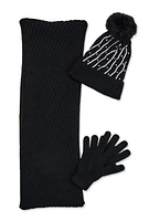 Womens Rhinestone Detail Beanie with Infinity Scarf and Gloves, Black