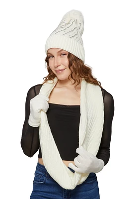 Womens Rhinestone Detail Beanie with Infinity Scarf and Gloves, White