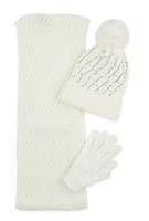 Womens Rhinestone Detail Beanie with Infinity Scarf and Gloves, White