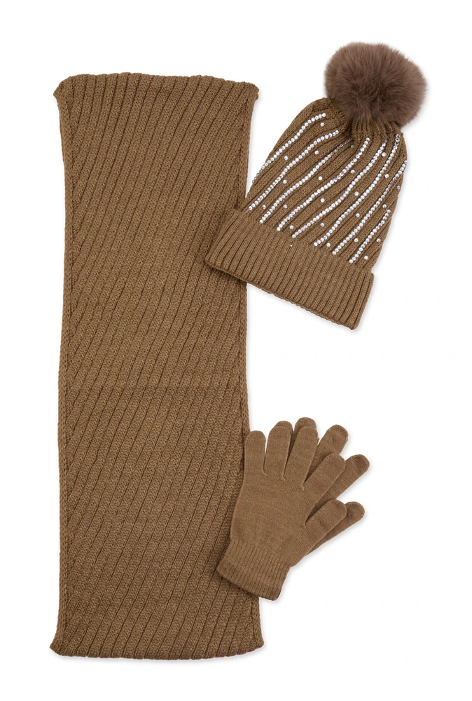 Womens Rhinestone Detail Beanie with Infinity Scarf and Gloves, Brown