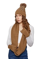 Womens Rhinestone Detail Beanie with Infinity Scarf and Gloves, Brown