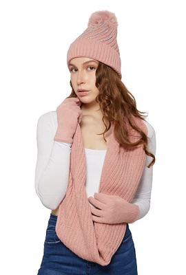 Womens Rhinestone Detail Beanie with Infinity Scarf and Gloves, Pink