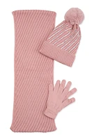 Womens Rhinestone Detail Beanie with Infinity Scarf and Gloves, Pink