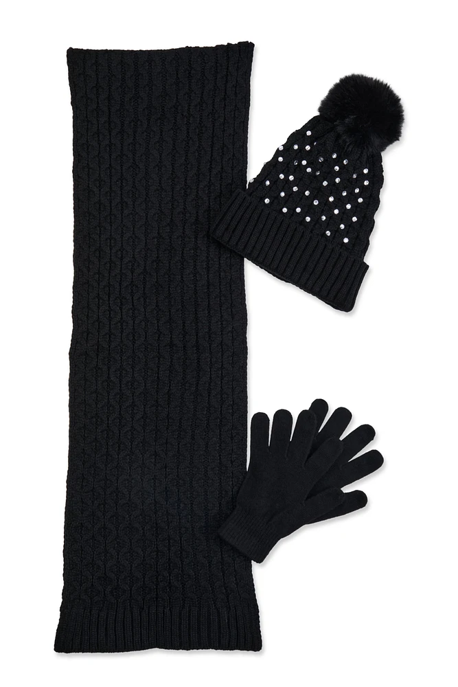 Womens Rhinestone Beanie with Cable Knit Scarf and Gloves, Black