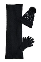 Womens Rhinestone Beanie with Cable Knit Scarf and Gloves, Black