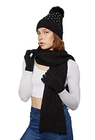 Womens Rhinestone Beanie with Cable Knit Scarf and Gloves, Black