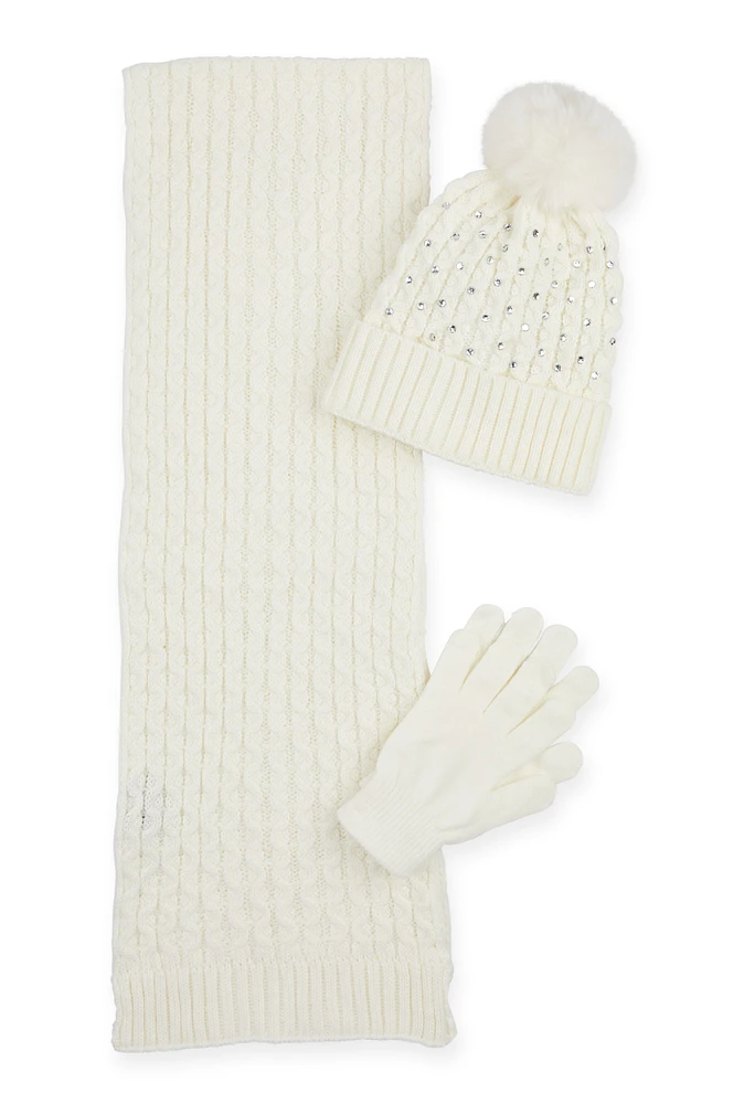 Womens Rhinestone Beanie with Cable Knit Scarf and Gloves, White