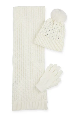 Womens Rhinestone Beanie with Cable Knit Scarf and Gloves, White