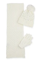 Womens Rhinestone Beanie with Cable Knit Scarf and Gloves, White