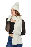 Womens Rhinestone Beanie with Cable Knit Scarf and Gloves, White