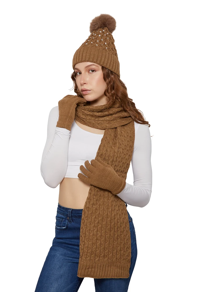 Womens Rhinestone Beanie with Cable Knit Scarf and Gloves, Brown