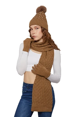 Womens Rhinestone Beanie with Cable Knit Scarf and Gloves, Brown