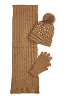 Womens Rhinestone Beanie with Cable Knit Scarf and Gloves, Brown