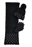 Womens Rhinestone Faux Pearl Detail Scarf with Beanie and Gloves, Black