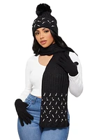 Womens Rhinestone Faux Pearl Detail Scarf with Beanie and Gloves, Black