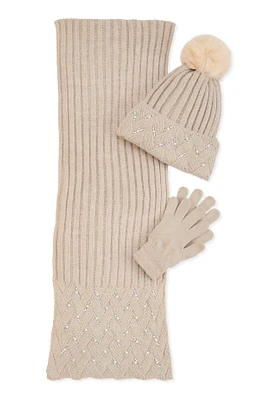 Womens Rhinestone Faux Pearl Detail Scarf with Beanie and Gloves, Beige