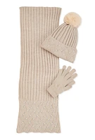 Womens Rhinestone Faux Pearl Detail Scarf with Beanie and Gloves, Beige