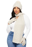 Womens Rhinestone Faux Pearl Detail Scarf with Beanie and Gloves, Beige