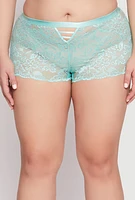 Womens Plus Size Caged Front Floral Lace Boyshort Panty, Green, Size 3X
