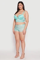 Womens Plus Size Caged Front Floral Lace Boyshort Panty, Green, Size 3X