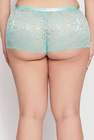 Womens Plus Size Caged Front Floral Lace Boyshort Panty, Green, Size 3X