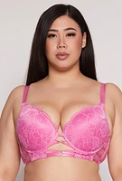 Womens Plus Floral Lace Caged Front Plunge Bra, Pink,