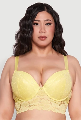 Womens Plus Size Floral Lace Plunge Longline Bra, Yellow, Size 40D
