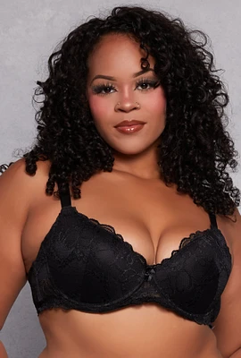 Womens Plus Solid Scalloped Floral Lace Plunge Bra, Black,