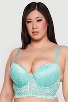Womens Plus Size Floral Lace Caged Plunge Longline Bra, Green, Size 40C