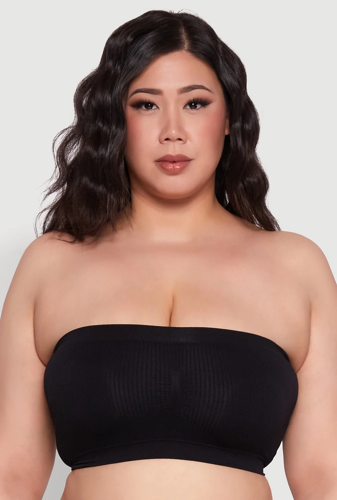 Womens Plus Solid Seamless Ribbed Knit Bandeau Bra, Black,