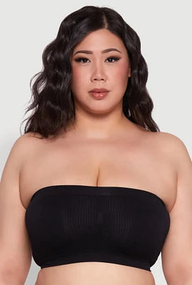 Womens Plus Solid Seamless Ribbed Knit Bandeau Bra, Black,