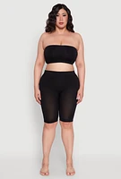 Womens Plus Solid Seamless Ribbed Knit Bandeau Bra, Black,