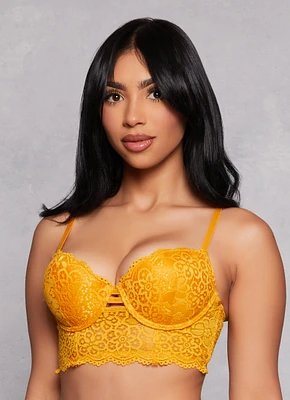 Womens Caged Front Floral Lace Longline Plunge Bra, Yellow, Size 34D