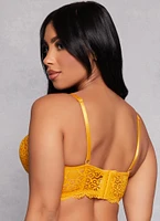 Womens Caged Front Floral Lace Longline Plunge Bra, Yellow, Size 34D