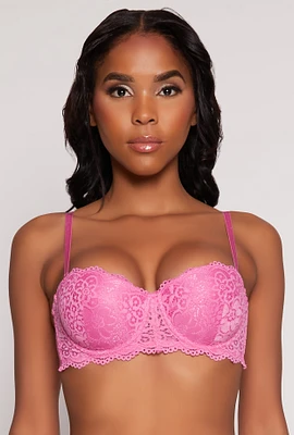 Womens Lace Floral Balconette Bra | Converts to Strapless, Pink, Size 34C