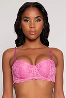 Womens Lace Floral Balconette Bra | Converts to Strapless, Pink, Size 34C