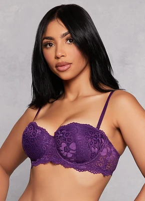 Womens Floral Lace Scalloped Balconette Bra | Converts to Strapless, Purple, Size 38B