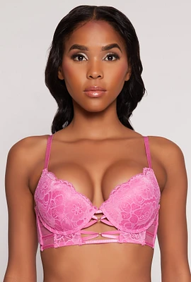 Womens Floral Lace Caged Front Plunge Bra, Pink, Size 36B