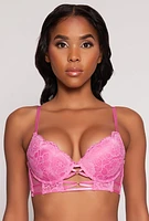Womens Floral Lace Caged Front Plunge Bra, Pink, Size 36B