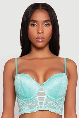 Womens Floral Lace Caged Front Plunge Longline Bra, Green, Size 38B