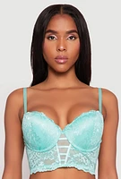 Womens Floral Lace Caged Front Plunge Longline Bra, Green, Size 38B