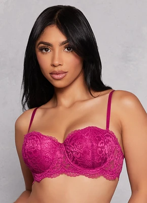 Womens Solid Floral Lace Scalloped Balconette Bra | Converts to Strapless, Pink, Size 34D