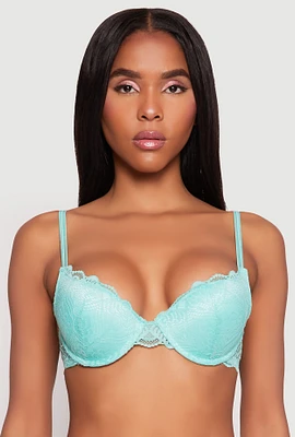Womens Scallop Trim Floral Lace Caged Back Plunge Bra, Green,