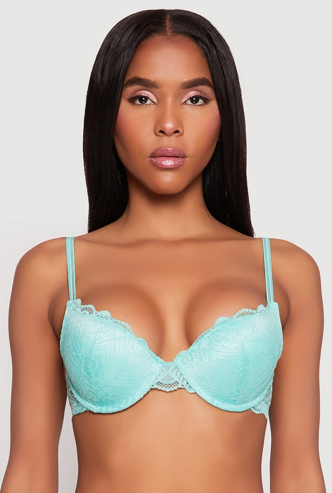 Womens Scallop Trim Floral Lace Caged Back Plunge Bra, Green, Size 34D