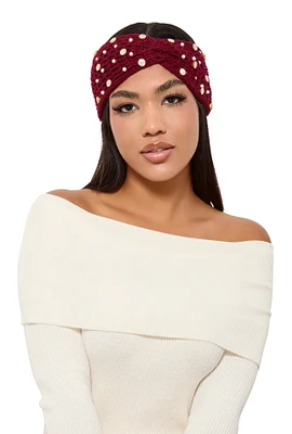 Womens Rhinestone Faux Pearl Twist Front Head Wrap, Burgundy