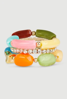 Womens Boho Chic Colorful Resin Beaded Stretch Bracelet Trio, Multi