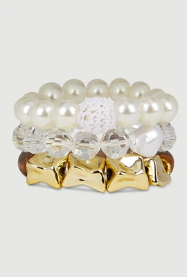 Womens Metallic Charm and Faux Pearl Beaded Stretch Bracelet Trio, Multi