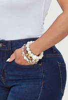 Womens Metallic Charm and Faux Pearl Beaded Stretch Bracelet Trio, Multi